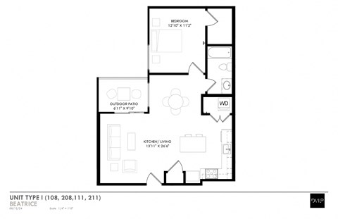 Floor plan for 1 bed, 1 bath, 756 sqft
